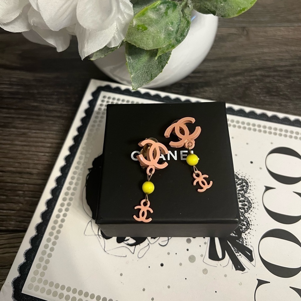 CHANEL Pink Green Enamel & Bead CC Drop Clip-On Earrings